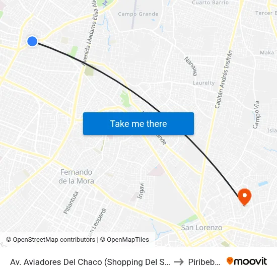 Av. Aviadores Del Chaco (Shopping Del Sol) to Piribebuy map