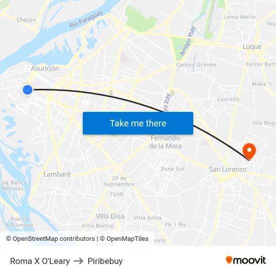 Roma X O'Leary to Piribebuy map
