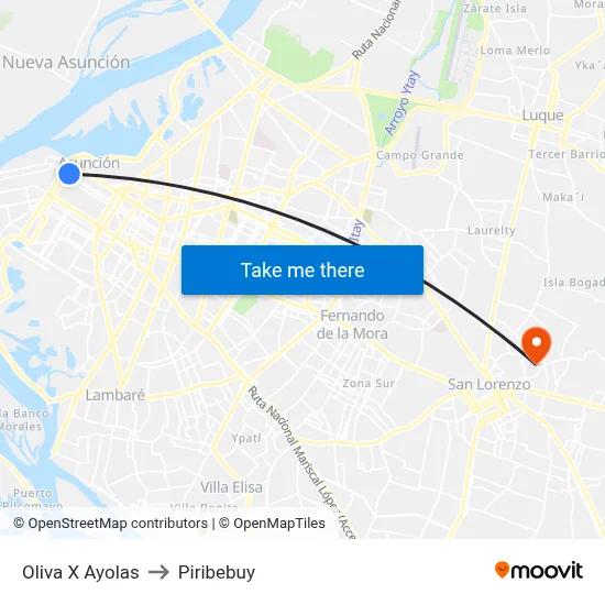 Oliva X Ayolas to Piribebuy map