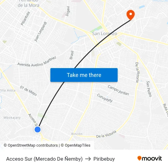 Acceso Sur (Mercado De Ñemby) to Piribebuy map