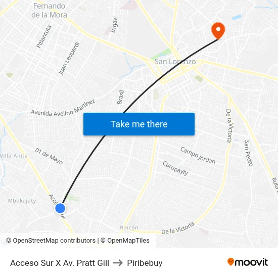 Acceso Sur X Av. Pratt Gill to Piribebuy map
