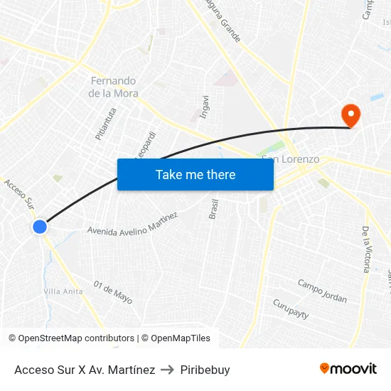 Acceso Sur X Av. Martínez to Piribebuy map