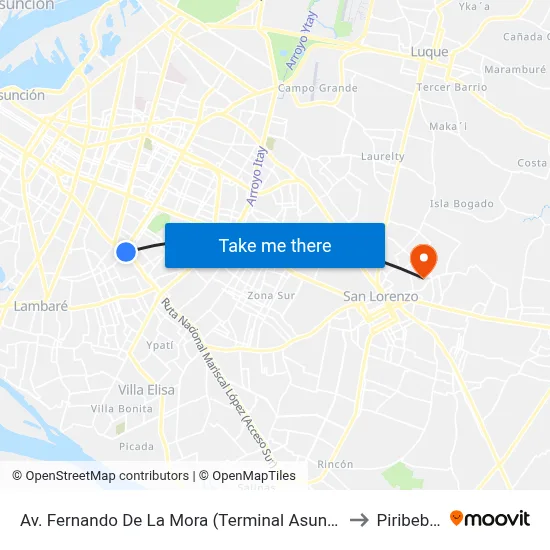 Av. Fernando De La Mora (Terminal Asunción) to Piribebuy map