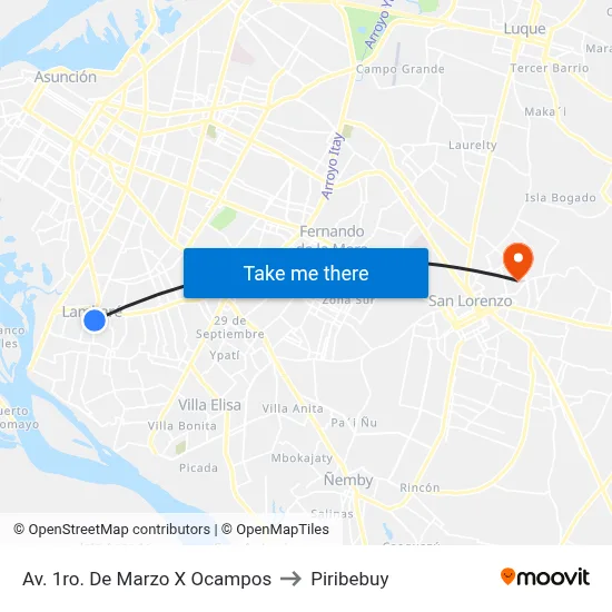 Av. 1ro. De Marzo X Ocampos to Piribebuy map