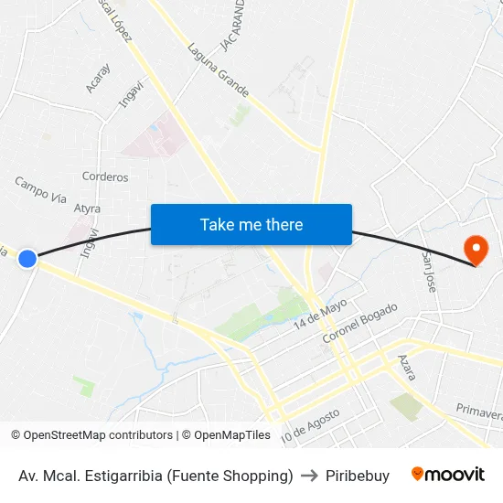 Av. Mcal. Estigarribia (Fuente Shopping) to Piribebuy map