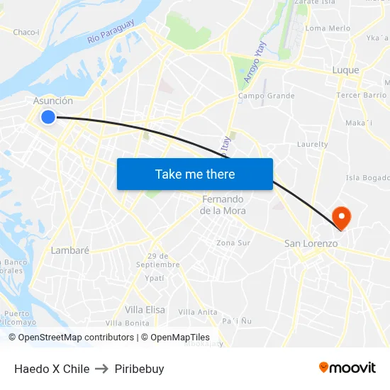 Haedo X Chile to Piribebuy map