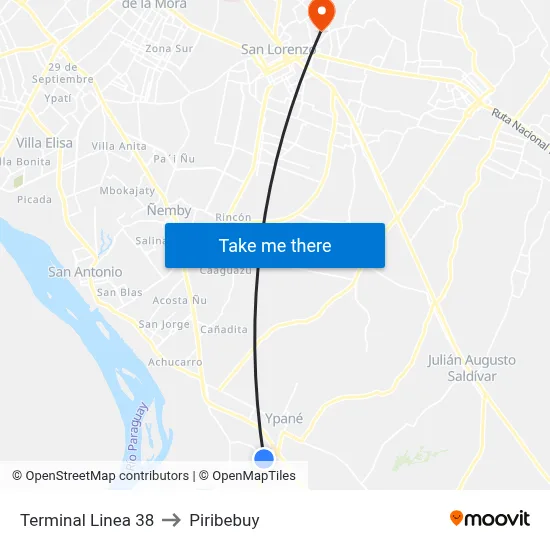 Terminal Linea 38 to Piribebuy map