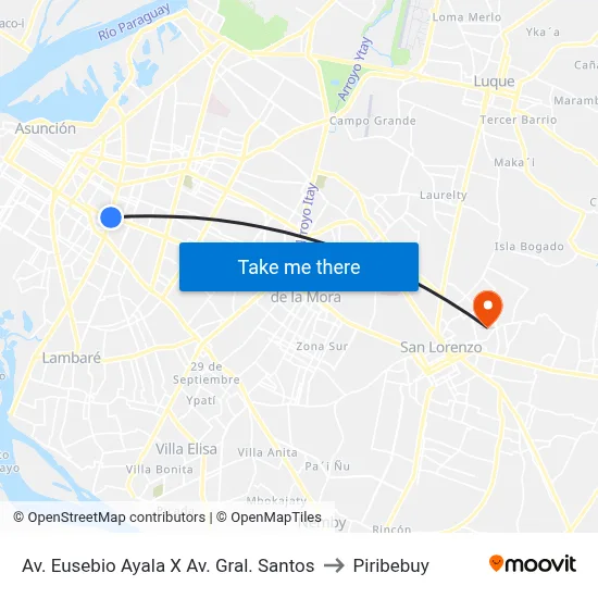 Av. Eusebio Ayala X Av. Gral. Santos to Piribebuy map
