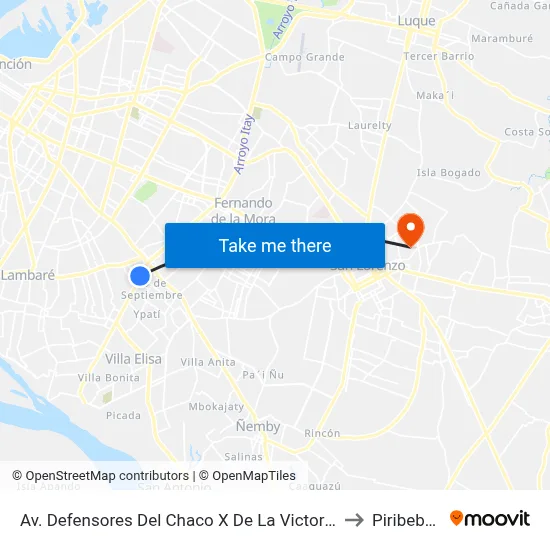 Av. Defensores Del Chaco X De La Victoria to Piribebuy map