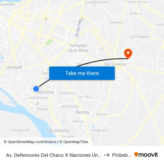 Av. Defensores Del Chaco X Naciones Unidas to Piribebuy map
