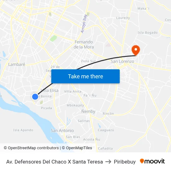 Av. Defensores Del Chaco X Santa Teresa to Piribebuy map