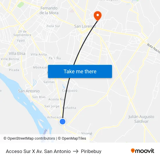 Acceso Sur X Av. San Antonio to Piribebuy map