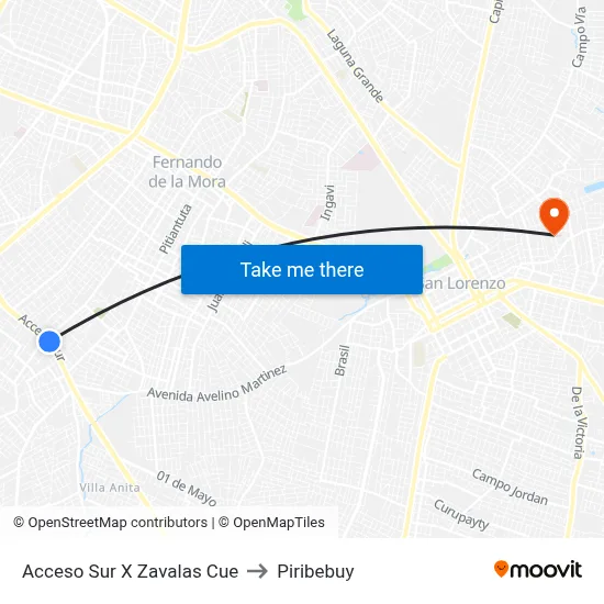 Acceso Sur X Zavalas Cue to Piribebuy map