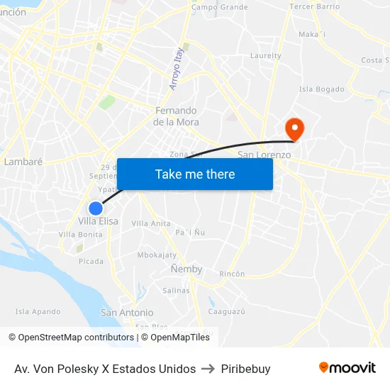 Av. Von Polesky X Estados Unidos to Piribebuy map