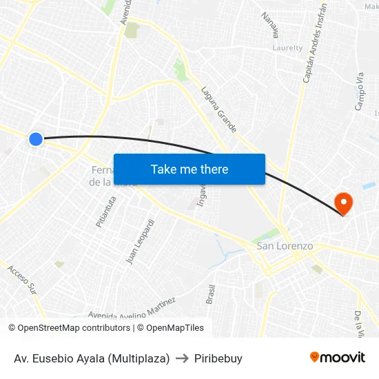 Av. Eusebio Ayala (Multiplaza) to Piribebuy map