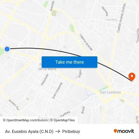 Av. Eusebio Ayala (C.N.D) to Piribebuy map