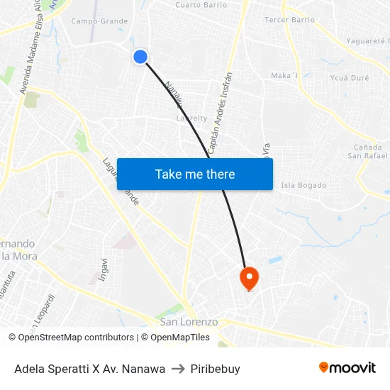 Adela Speratti X Av. Nanawa to Piribebuy map