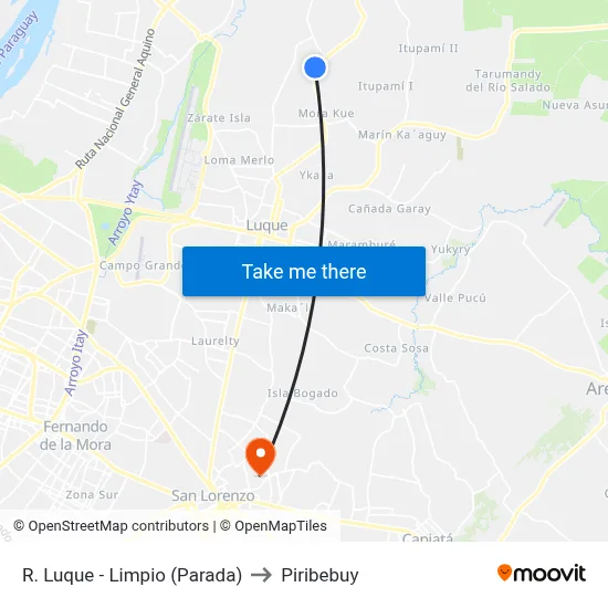 R. Luque - Limpio (Parada) to Piribebuy map