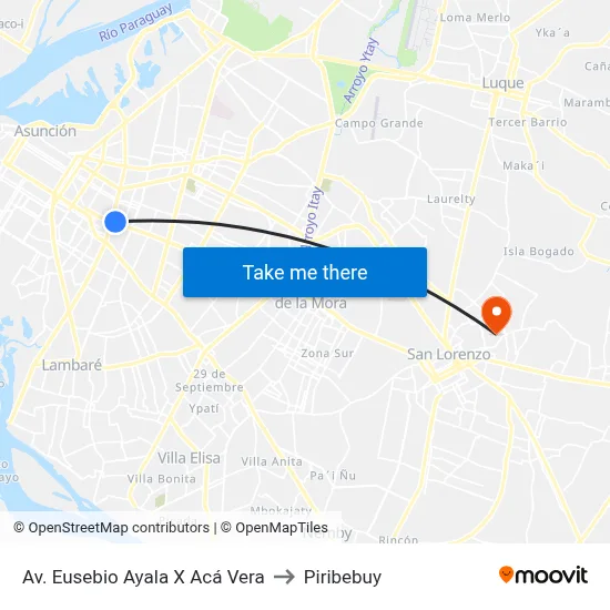 Av. Eusebio Ayala X Acá Vera to Piribebuy map