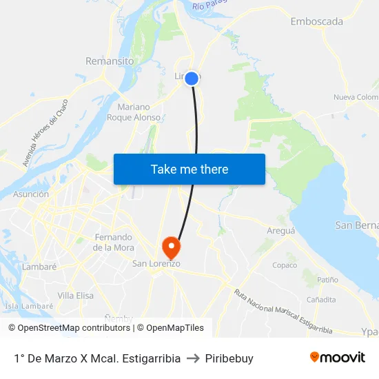 1° De Marzo X Mcal. Estigarribia to Piribebuy map