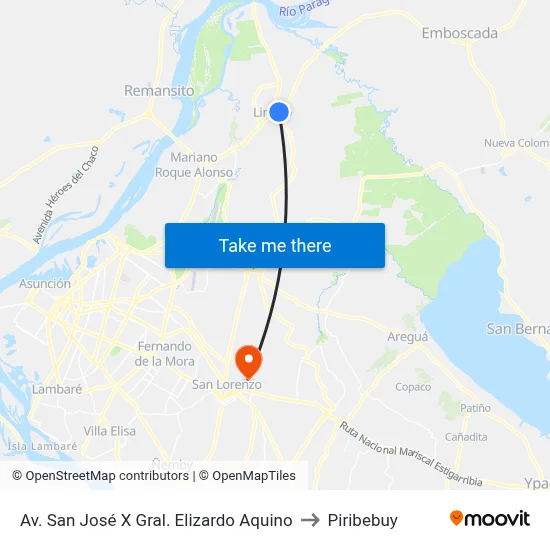 Av. San José X Gral. Elizardo Aquino to Piribebuy map