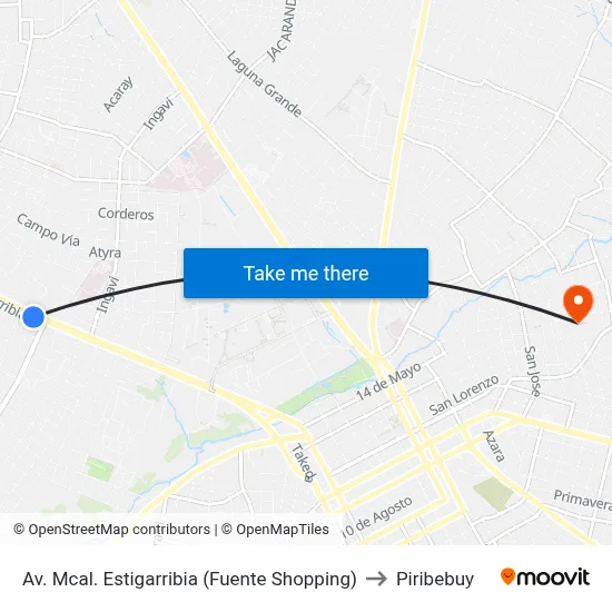 Av. Mcal. Estigarribia (Fuente Shopping) to Piribebuy map