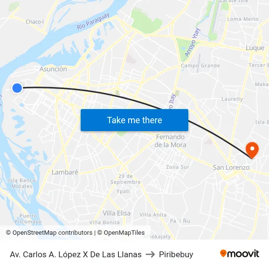 Av. Carlos A. López X De Las Llanas to Piribebuy map