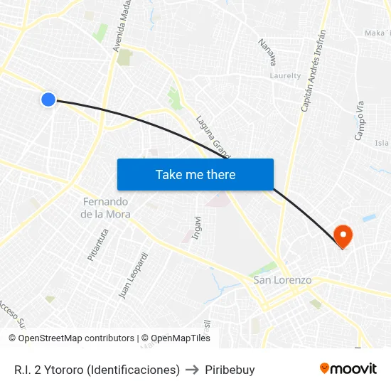 R.I. 2 Ytororo (Identificaciones) to Piribebuy map