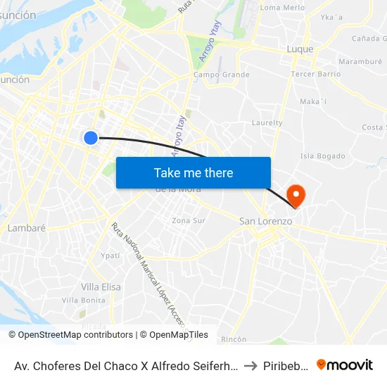 Av. Choferes Del Chaco X Alfredo Seiferheld to Piribebuy map