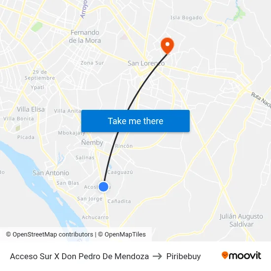 Acceso Sur X Don Pedro De Mendoza to Piribebuy map