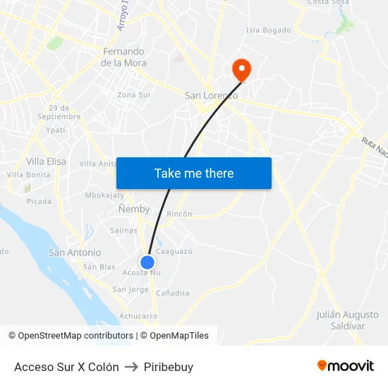 Acceso Sur X Colón to Piribebuy map