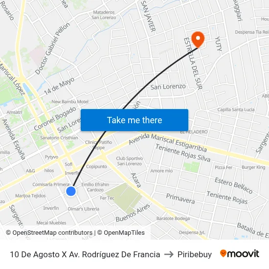 10 De Agosto X Av. Rodríguez De Francia to Piribebuy map