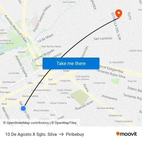 10 De Agosto X Sgto. Silva to Piribebuy map