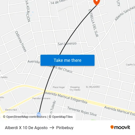 Alberdi X 10 De Agosto to Piribebuy map
