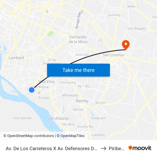 Av. De Los Carreteros X Av. Defensores Del Chaco to Piribebuy map