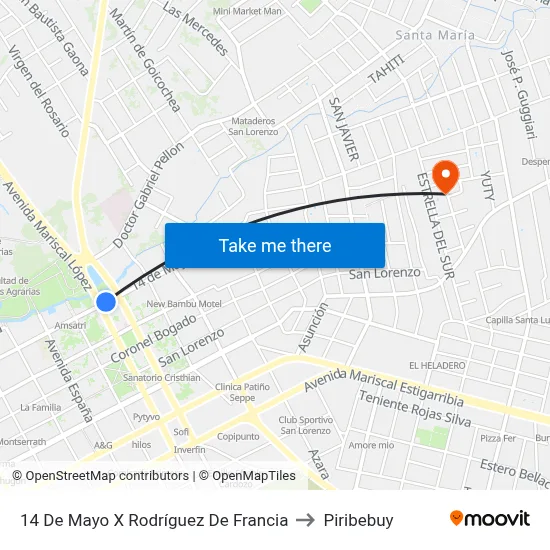14 De Mayo X Rodríguez De Francia to Piribebuy map