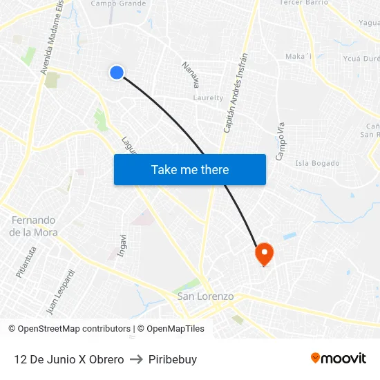 12 De Junio X Obrero to Piribebuy map