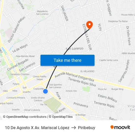 10 De Agosto X Av. Mariscal López to Piribebuy map