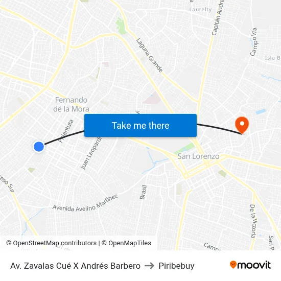 Av. Zavalas Cué X Andrés Barbero to Piribebuy map