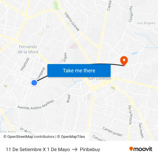 11 De Setiembre X 1 De Mayo to Piribebuy map