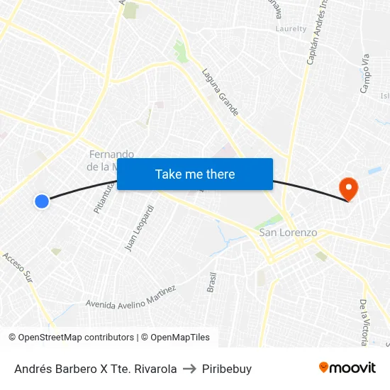 Andrés Barbero X Tte. Rivarola to Piribebuy map