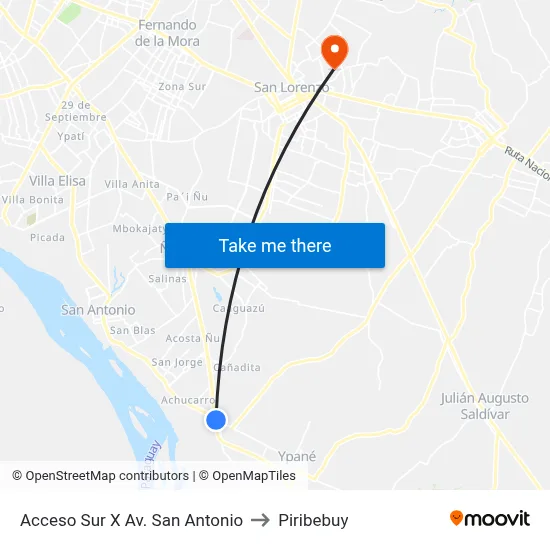 Acceso Sur X Av. San Antonio to Piribebuy map