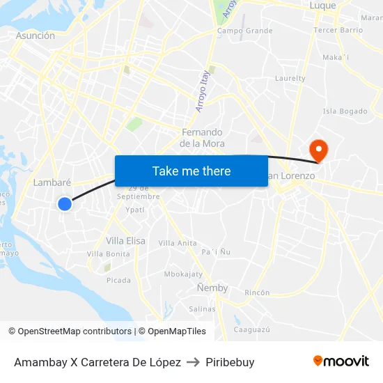 Amambay X Carretera De López to Piribebuy map