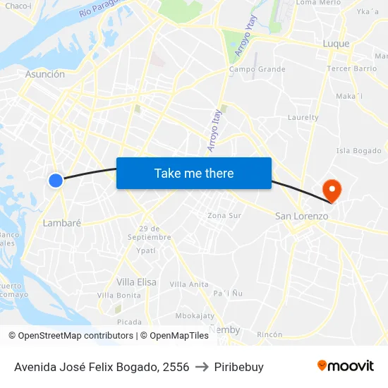 Avenida José Felix Bogado, 2556 to Piribebuy map