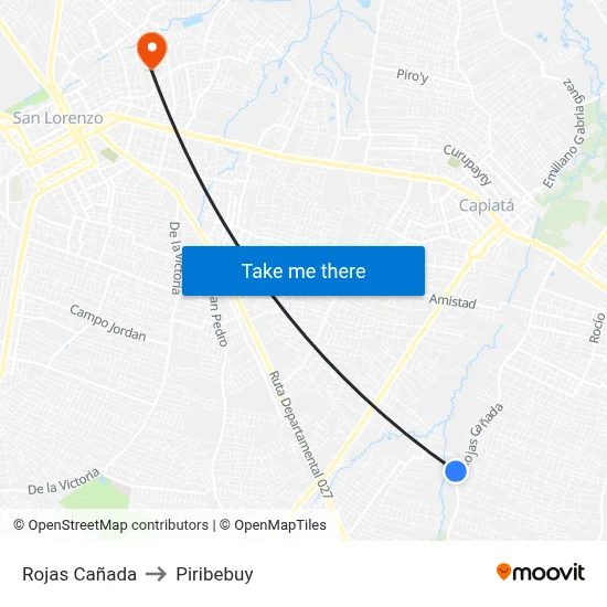 Rojas Cañada (Parada) to Piribebuy map