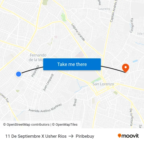 11 De Septiembre X Usher Ríos to Piribebuy map