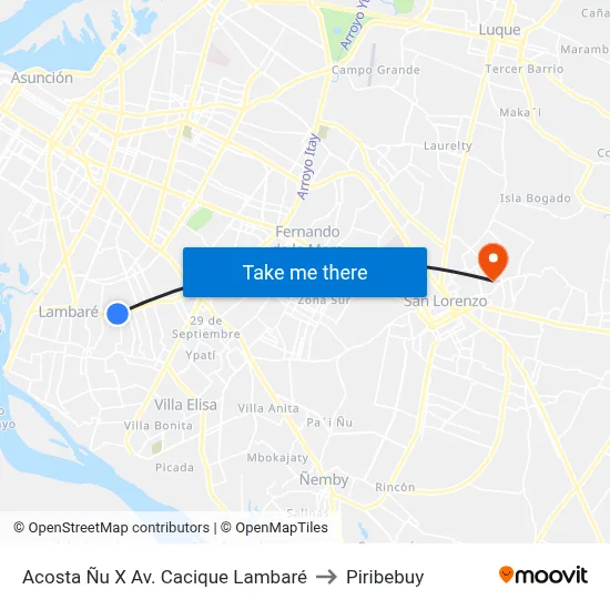 Acosta Ñu X Av. Cacique Lambaré to Piribebuy map