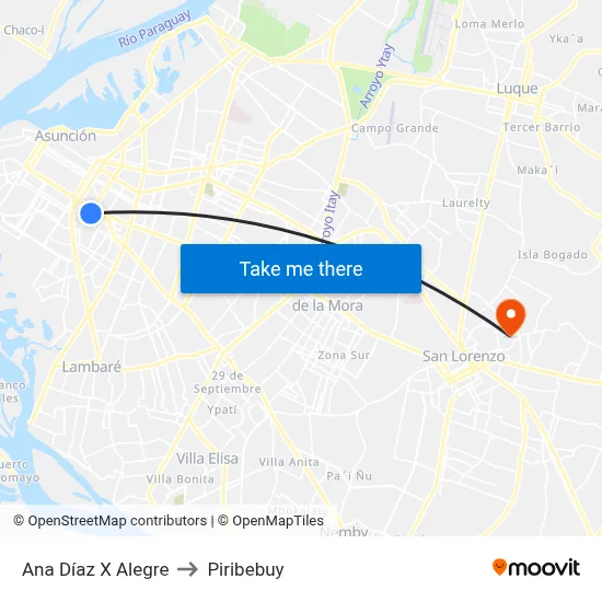 Ana Díaz X Alegre to Piribebuy map