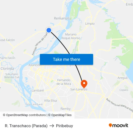 R. Transchaco (Parada) to Piribebuy map