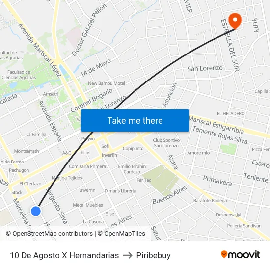 10 De Agosto X Hernandarias to Piribebuy map